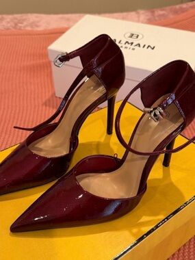 Zara Burgundy Patent Leather Pointed Toe Ankle-Strap Heels